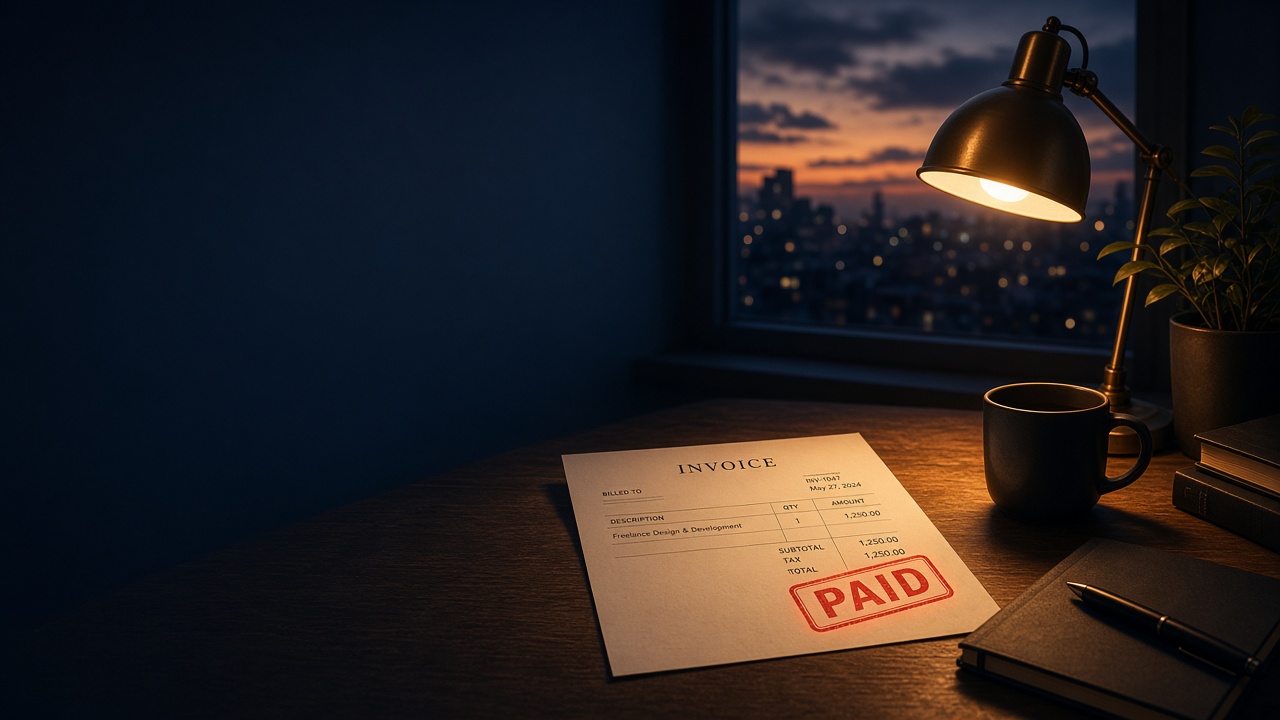 A dusk desk with a lamp, a city window, and an invoice stamped paid.