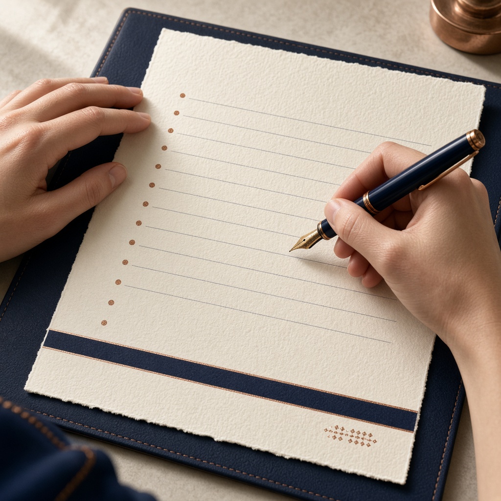 Hands writing on cream ledger paper with a fountain pen.