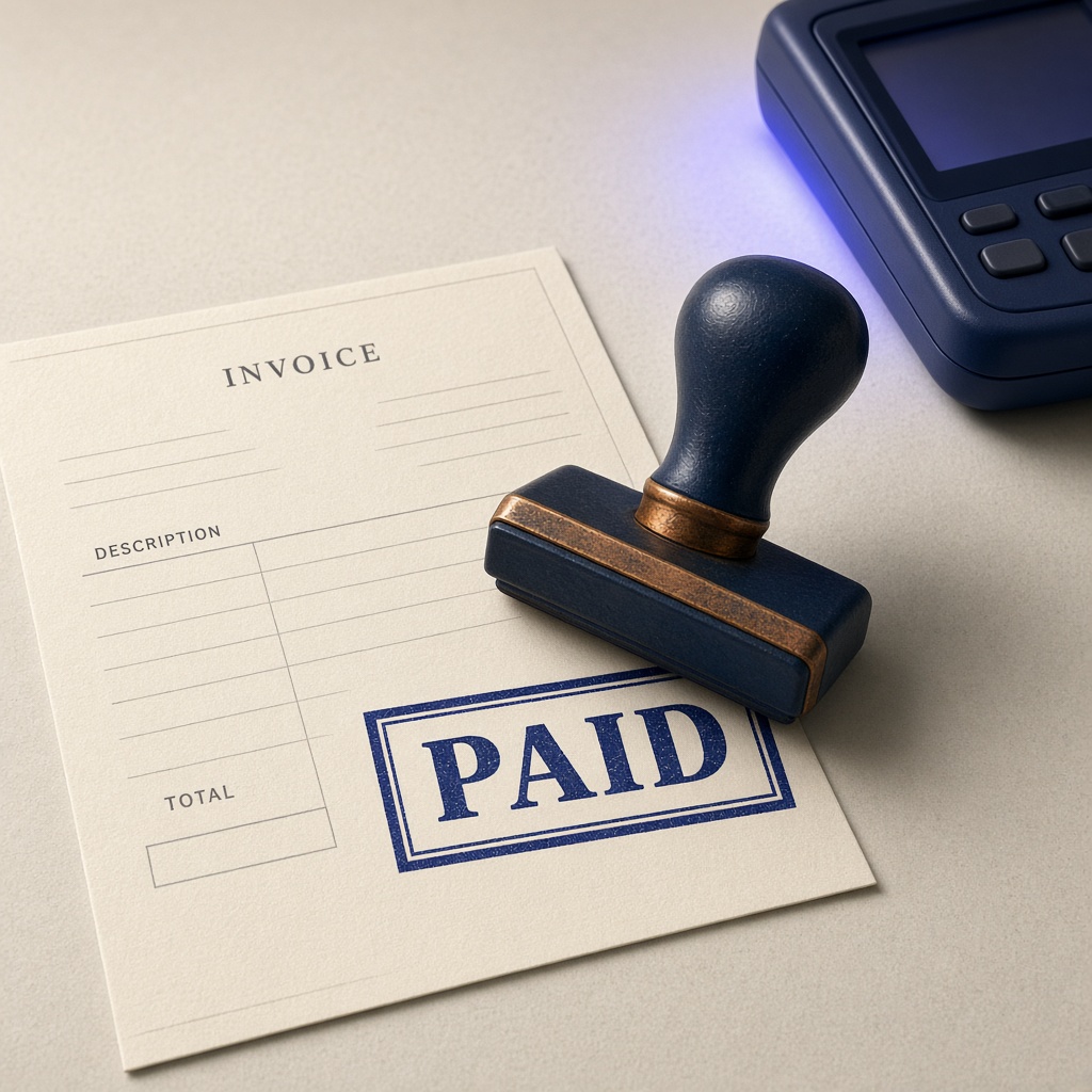 A navy stamp and a paid mark on a cream invoice.
