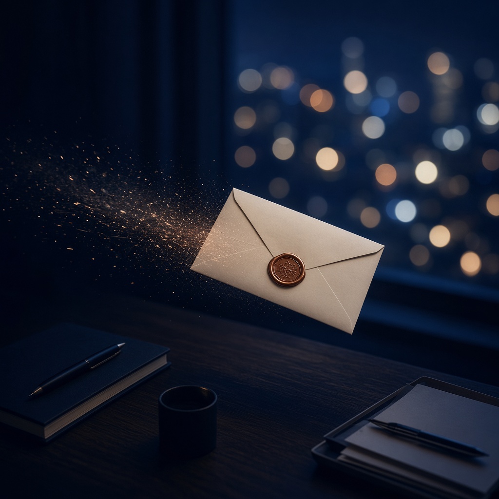 A wax-sealed envelope hovering above a dark desk.